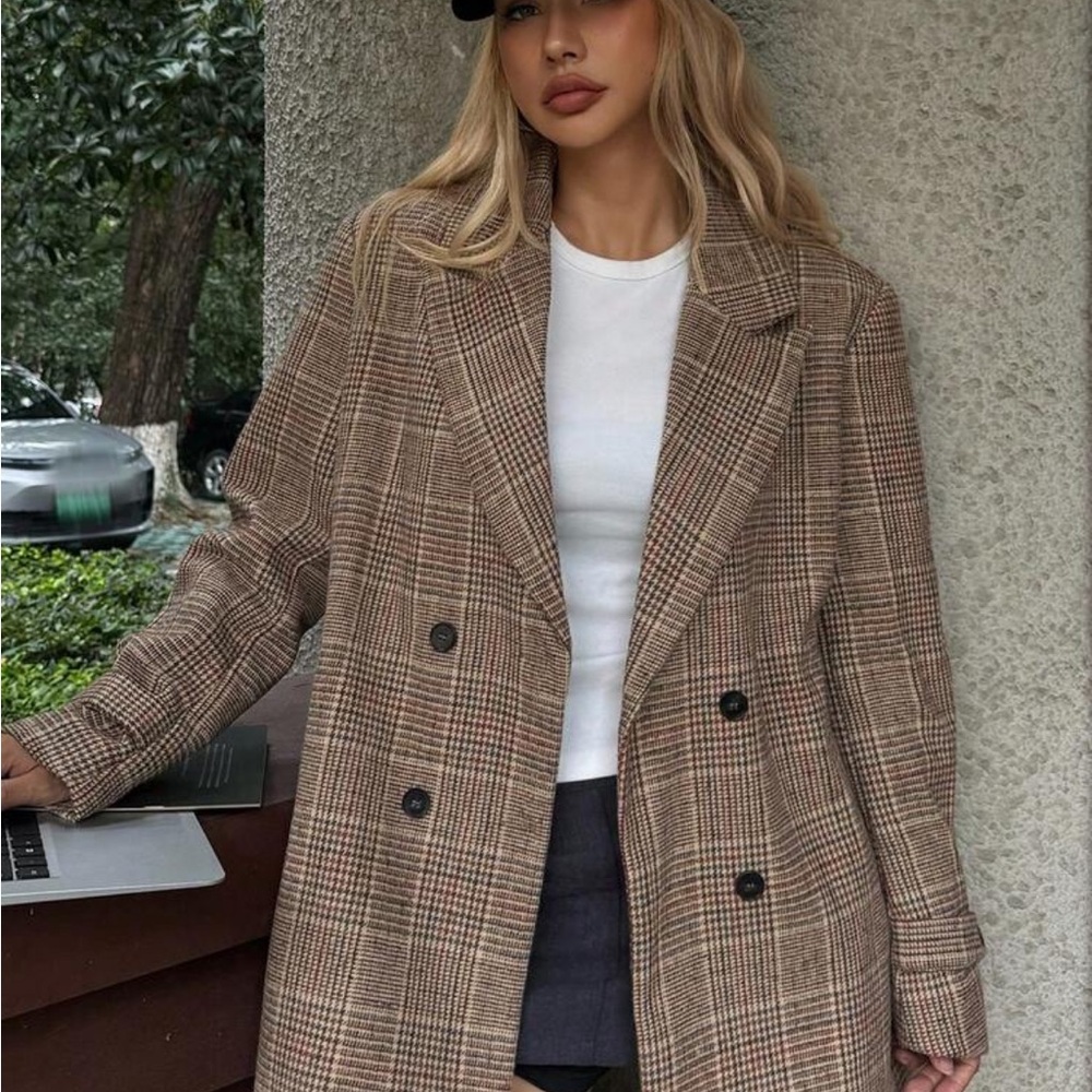 SHEIN Brown Plaid Double-Breasted Blazer